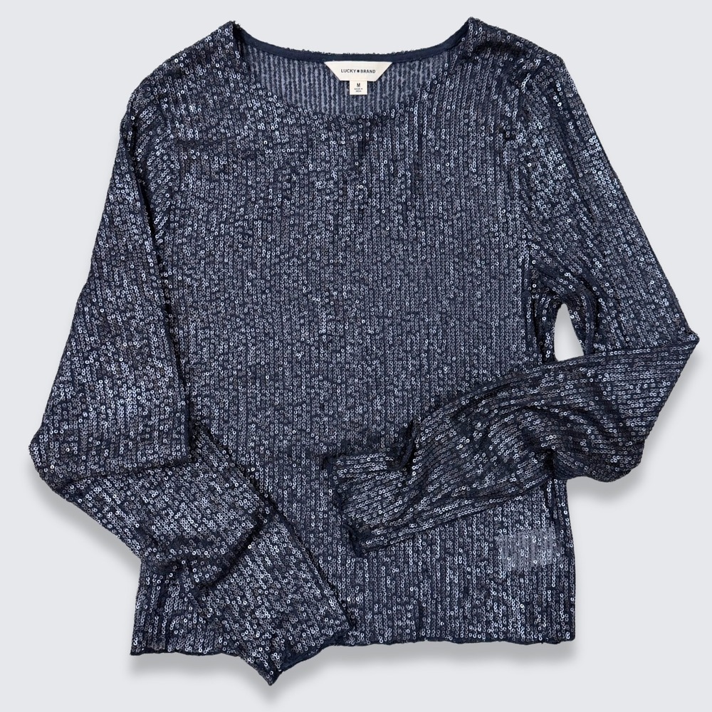 Lucky Brand Sequin Long Sleeve Top Mood Indigo Navy Medium NWT Festive Metallic
